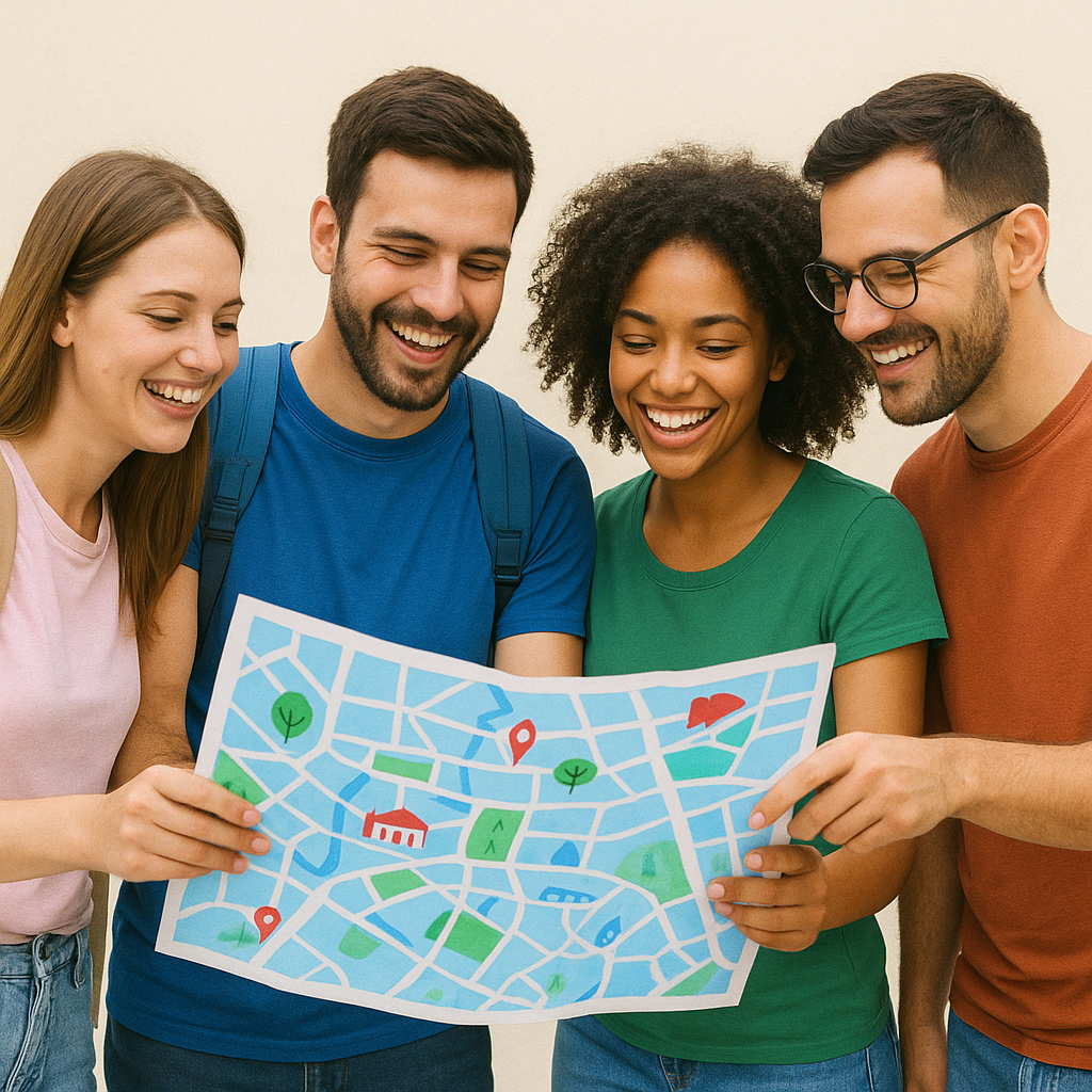 People following a playful city route, animated map and checkpoints